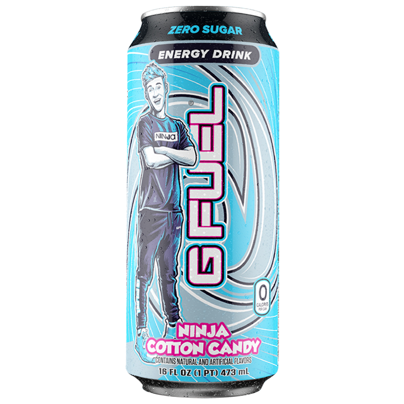 Front of G FUEL Ninja Cotton Candy Flavour Energy Drink can showcasing the vibrant artwork, brand logo, cotton candy flavour, and 473ml volume.