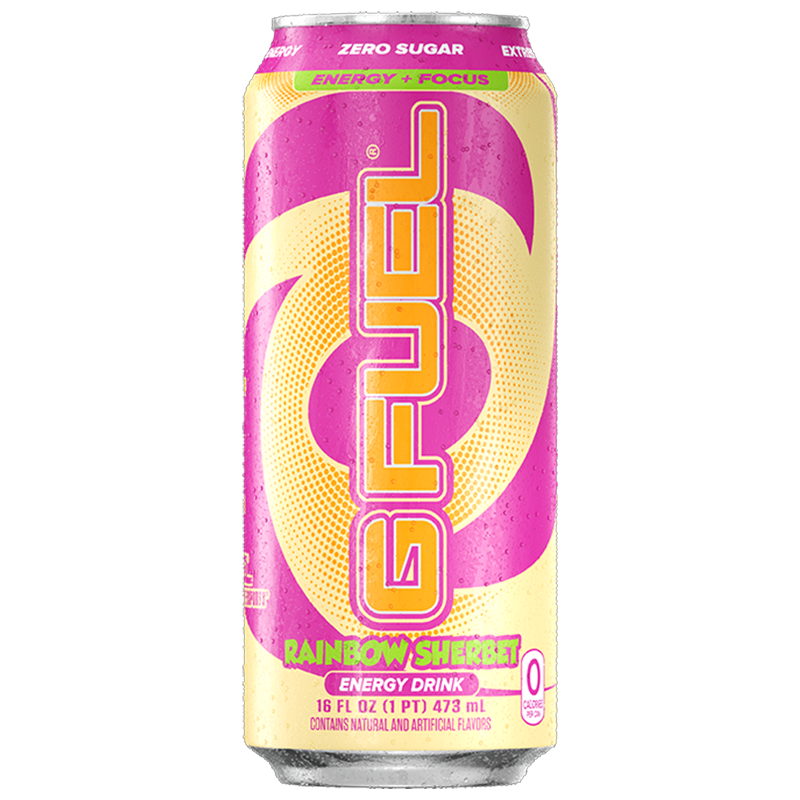 Front of G FUEL Rainbow Sherbet Flavour Energy Drink can showing vibrant pink and yellow design, flavour name, and 473ml size.
