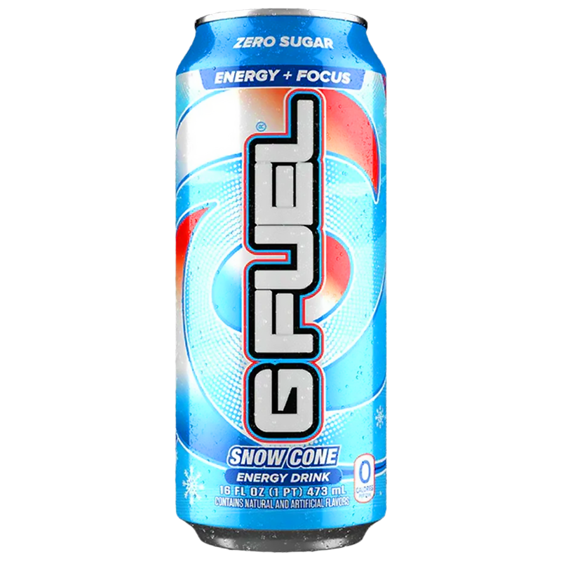 Front of G FUEL Snow Cone Flavour Energy Drink can showing the blue logo, snow cone flavour label, and 473ml size.