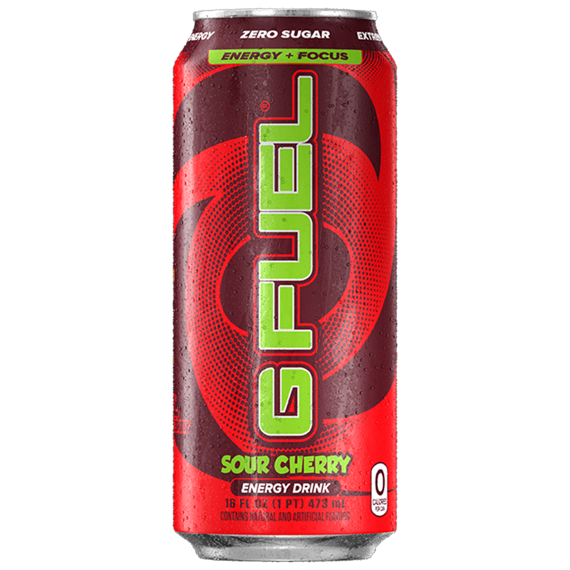 Front of G FUEL Sour Cherry Flavour Energy Drink can showing bold red and green logo, sour cherry flavour label, and 473ml pack size