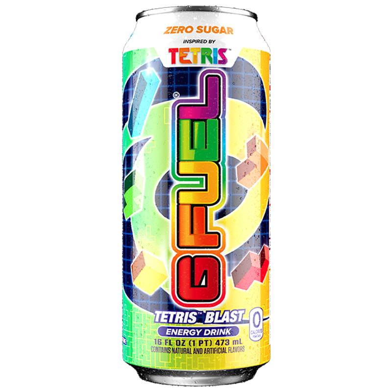 Front of G FUEL Tetris Blast Rainbow Candy Flavour Energy Drink can showing vibrant label design with colourful graphics and 473ml size