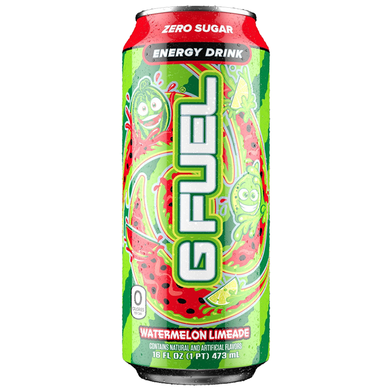 Front of G Fuel Watermelon Limeade Flavour Energy Drink can featuring vibrant design, zero sugar label, and 473ml packaging.