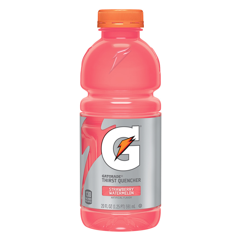 Front of Gatorade Strawberry Watermelon bottle featuring the brand logo, vibrant pink drink, and 591ml size label