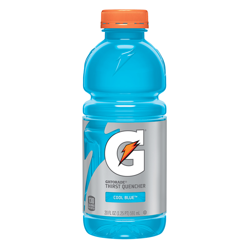 Front of Gatorade Cool Blue bottle showing bright blue drink, logo, and label details, with pack size of 591ml.