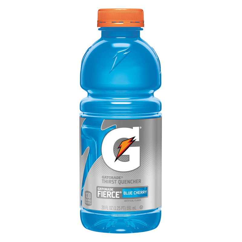 Front of Gatorade Fierce Blue Cherry bottle featuring a bright blue design, Gatorade logo, and 591ml pack size.