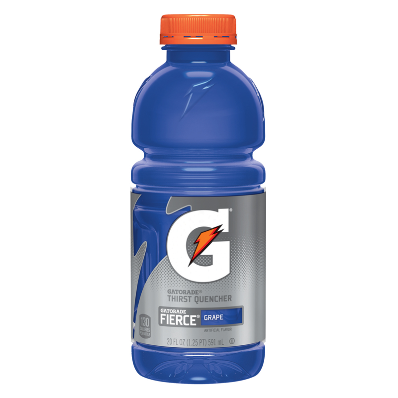 Front of a Gatorade Fierce Grape bottle featuring the logo, bold grape flavour label, and 591ml volume indicator