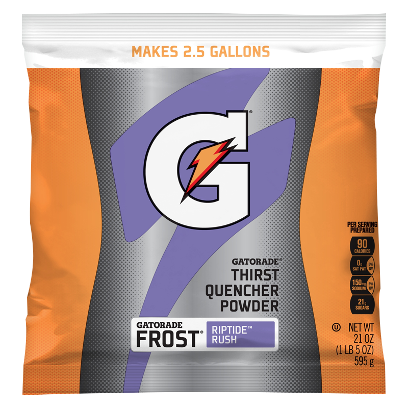 Front of Gatorade Frost Riptide Rush Instant Powder Mix showing logo, flavour label, and details for making 9.5 litres (595g pack)