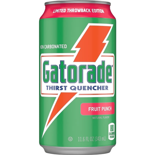 Front of Gatorade Fruit Punch Limited Throwback Edition can showing the logo, fruit punch flavour label, and vibrant design (343ml)