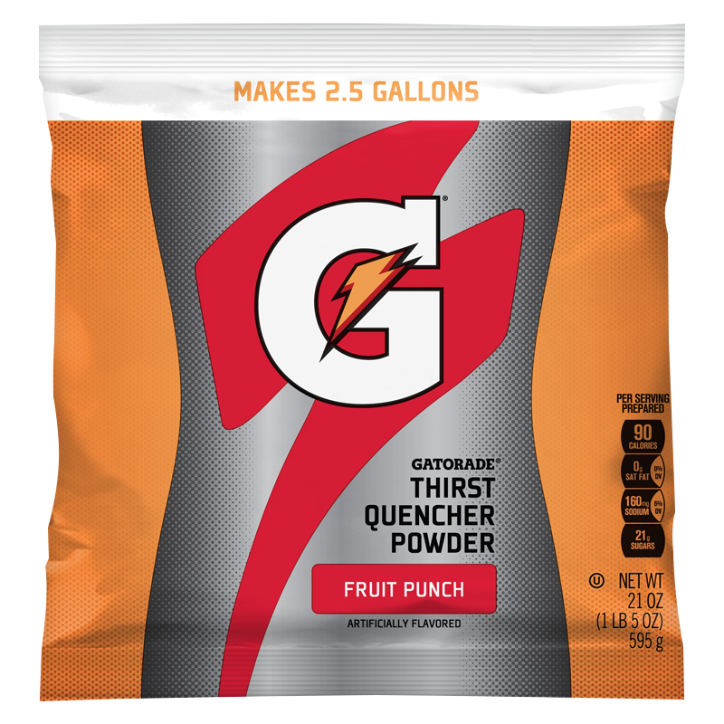 Front of Gatorade Fruit Punch Instant Powder Mix pack showing the logo, vibrant fruit punch label, and a 595g quantity indicator.