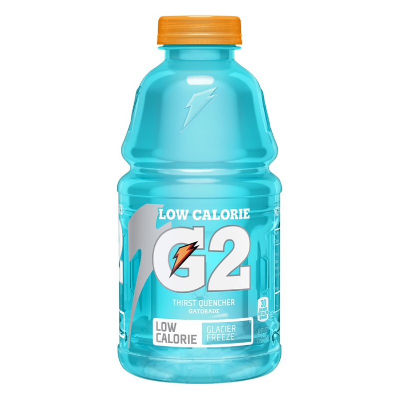 Front of Gatorade G2 Glacier Freeze Low Calorie bottle showing blue colour, logo, glacier flavour label, and 946ml size.