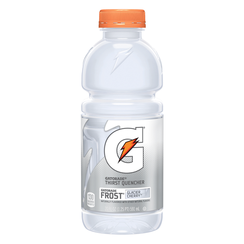 Front of Gatorade Frost Glacier Cherry bottle featuring the logo, cherry flavour detail, and 591ml pack size