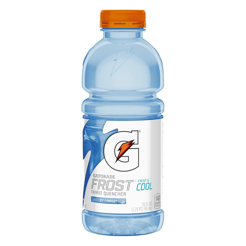Front of Gatorade Frost Icy Charge bottle showing logo, icy blue drink, and 591ml size