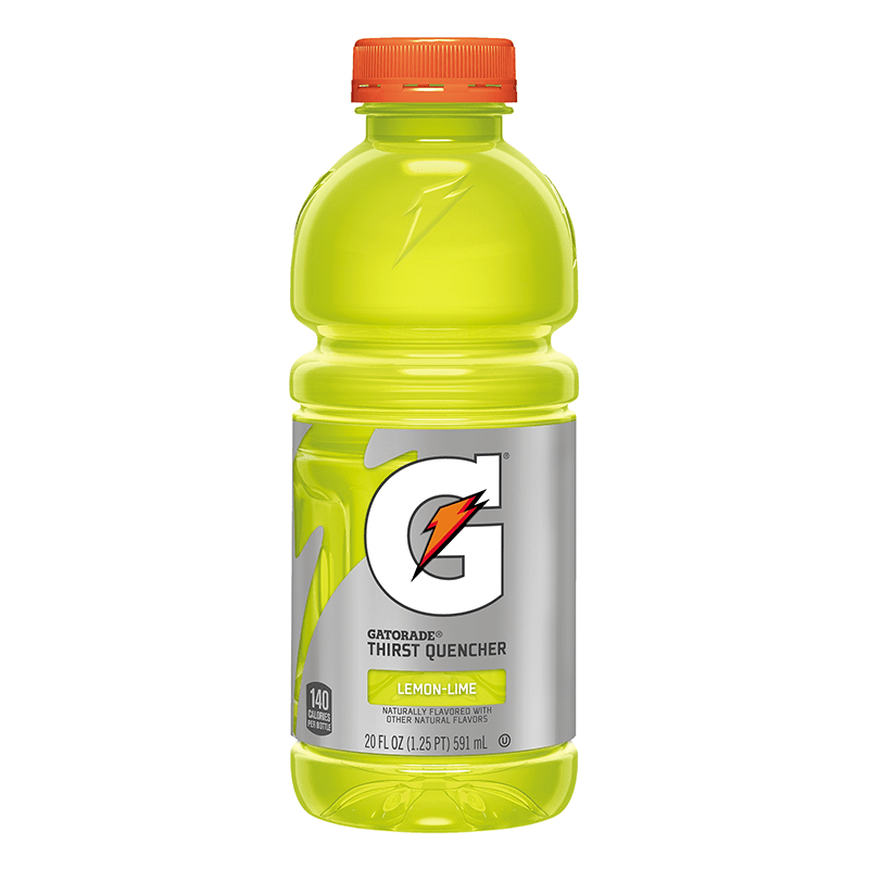 Front of Gatorade Lemon Lime bottle featuring yellow drink, Gatorade logo, and clear label details (591ml pack)