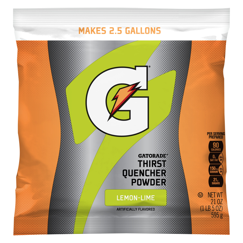 Front of Gatorade Lemon-Lime Instant Powder Mix bag showing bold logo, lemon-lime flavour label, and details of 595g pack that makes 9.5 litres.