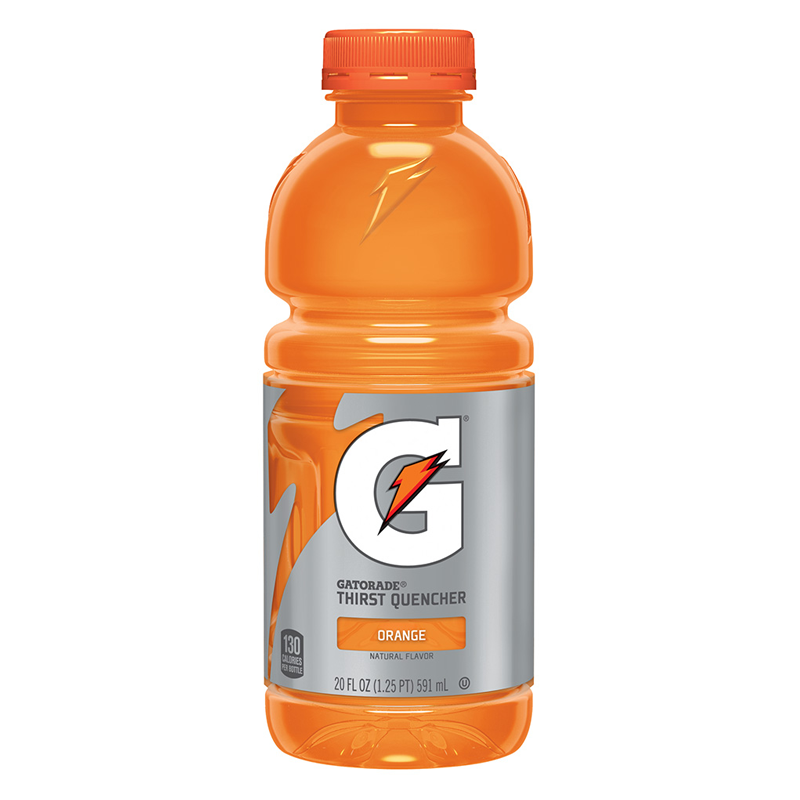 Front of Gatorade Orange bottle featuring bold orange colour, logo, and label details (591ml pack)
