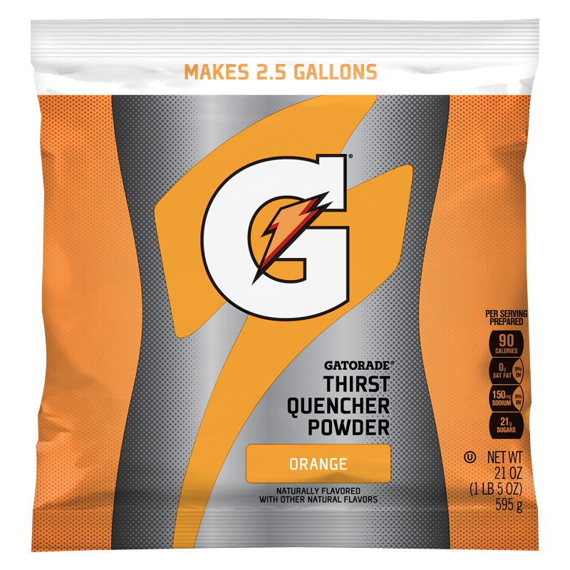 Front of Gatorade Orange Instant Powder Mix pack showing the Gatorade logo, orange flavour label, and pack size (595g)