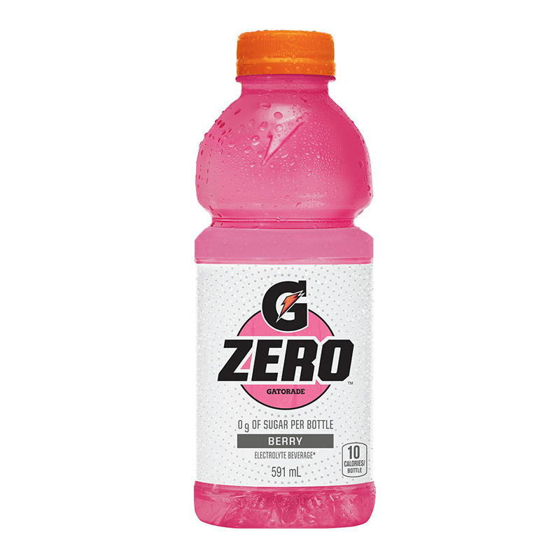Front of Gatorade Zero Berry bottle featuring the logo, bold berry label, and 591ml volume details.