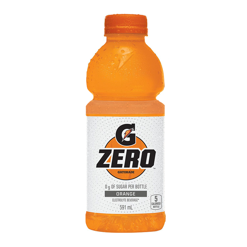 Front of Gatorade Zero Orange bottle showing logo, orange flavour label, and 591ml pack size