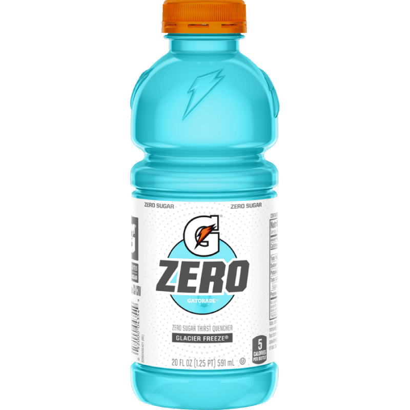 Front of Gatorade Zero Glacier Freeze bottle showing brand logo, thirst quencher label, and blue beverage (591ml pack)