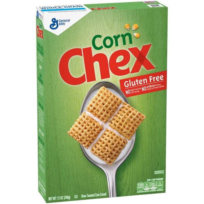 Front of Chex Corn Breakfast Cereal box featuring the red Chex logo, gluten-free label, and an image of toasted corn cereal pieces (340g pack)