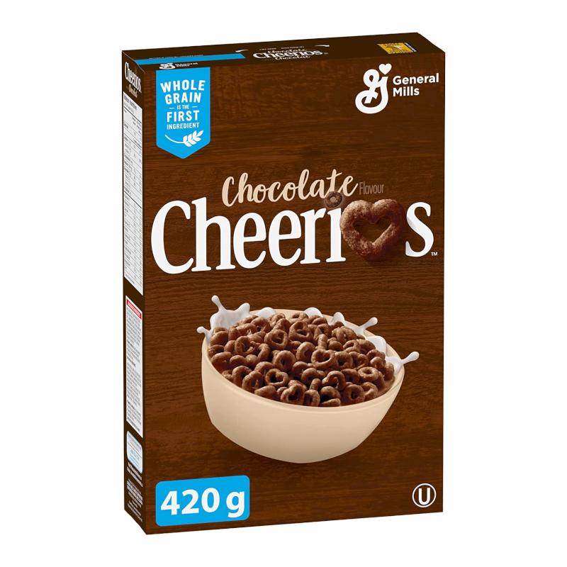 Front of General Mills Chocolate Cheerios box featuring brown packaging, chocolate flavour text, and bowl of cereal with milk (420g pack)