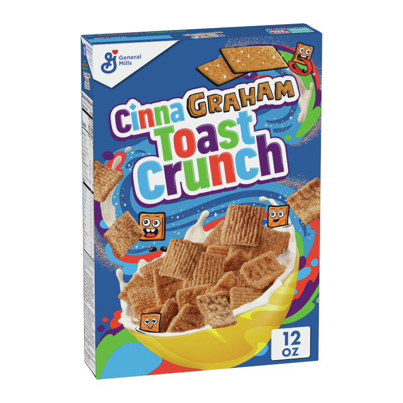 Front of Cinna-Graham Toast Crunch Cereal box showing colourful logo, cereal pieces in a bowl with milk, and 340g pack size.