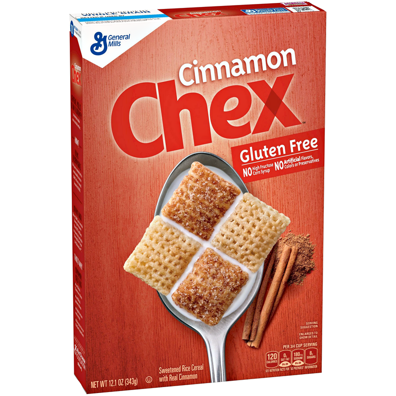 Front of Chex Cinnamon Breakfast Cereal box with bold red logo, gluten-free label, and an image of rice cereal and cinnamon sticks (340g pack)