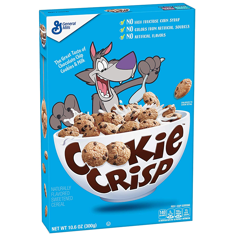 Front of General Mills Cookie Crisp Cereal box featuring logo, chocolate chip cookie imagery, and 300g pack size