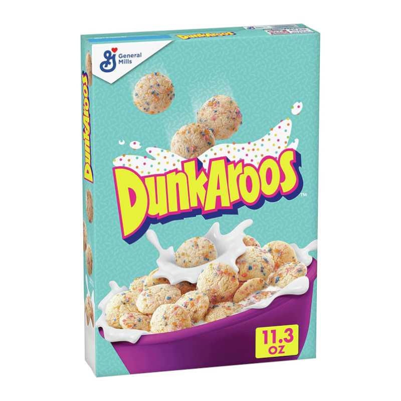 Front of Dunkaroos Cereal box featuring colourful cereal pieces and sprinkles with the logo, pack size 320g.