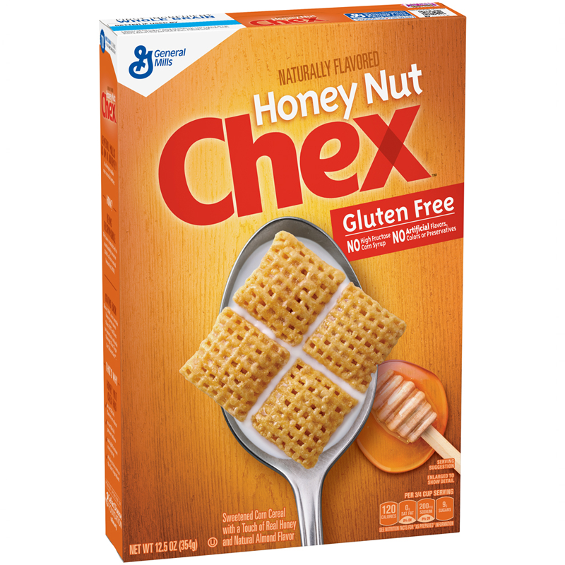 Front of Chex Honey Nut Breakfast Cereal box showing the brand logo, natural honey and almond flavour label, and a spoonful of cereal (354g pack)