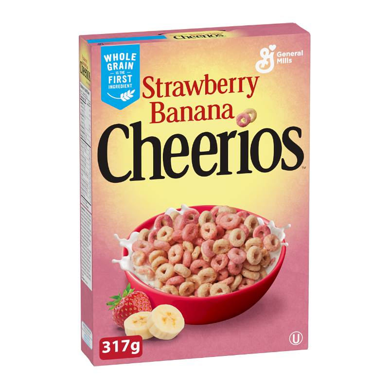 Front of General Mills Strawberry Banana Cheerios box showcasing the logo, strawberry and banana illustrations, and vibrant cereal in a bowl (317g pack)