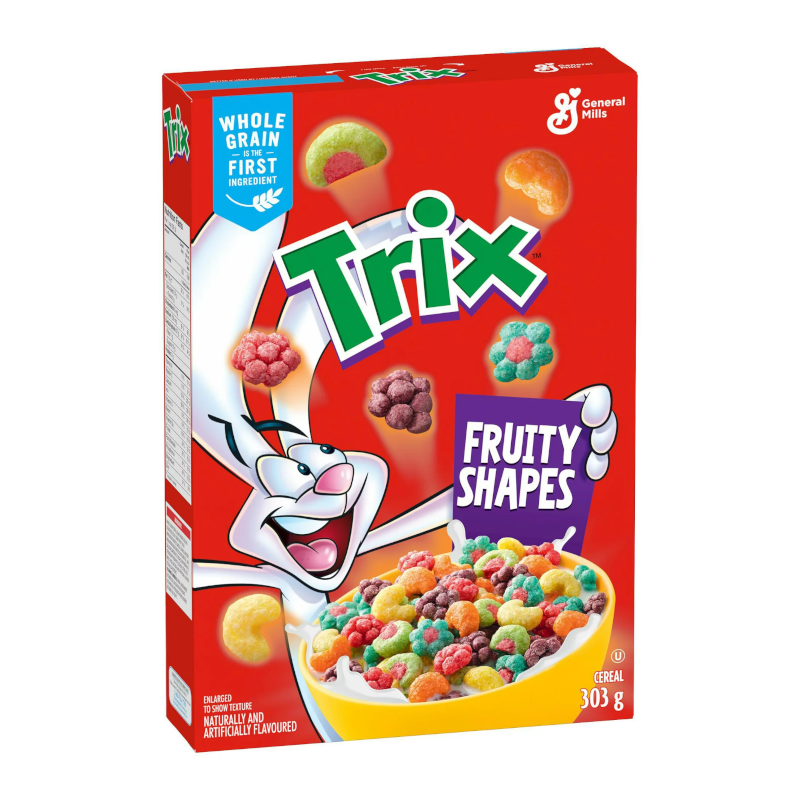 Front of Trix Fruity Shapes Cereal box displaying vibrant logo, fruity shapes, and cereal in a bowl (303g pack)