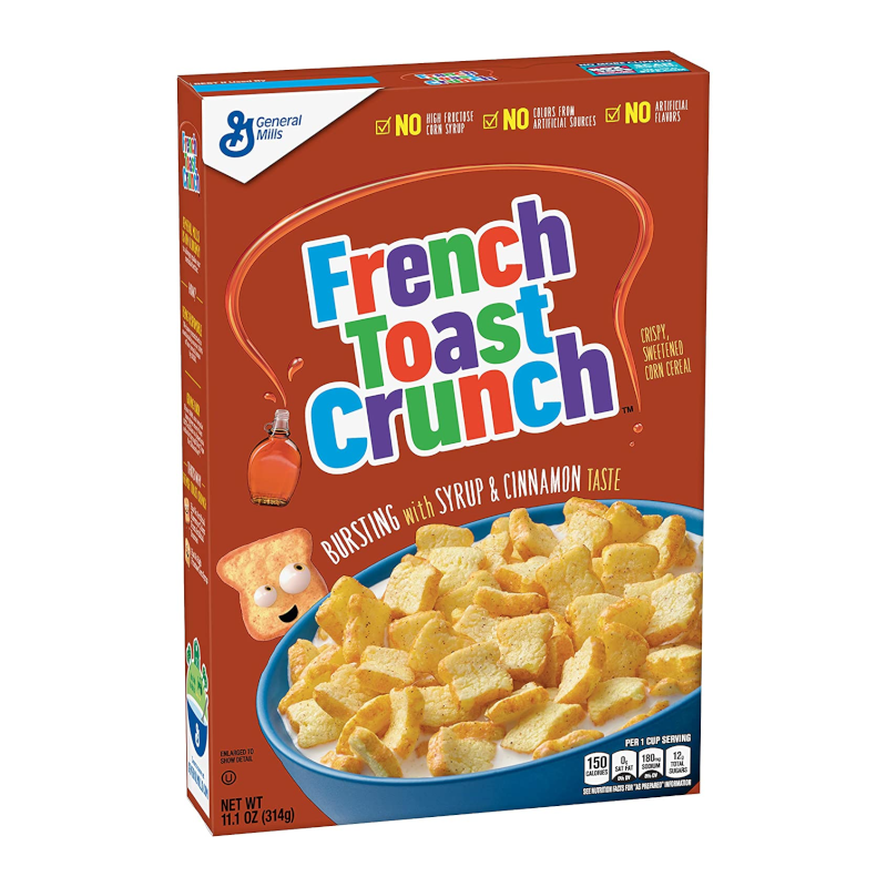 Front of French Toast Crunch Cereal box showing vibrant orange packaging, syrup and cinnamon flavour details, and bowl of cereal (314g pack)