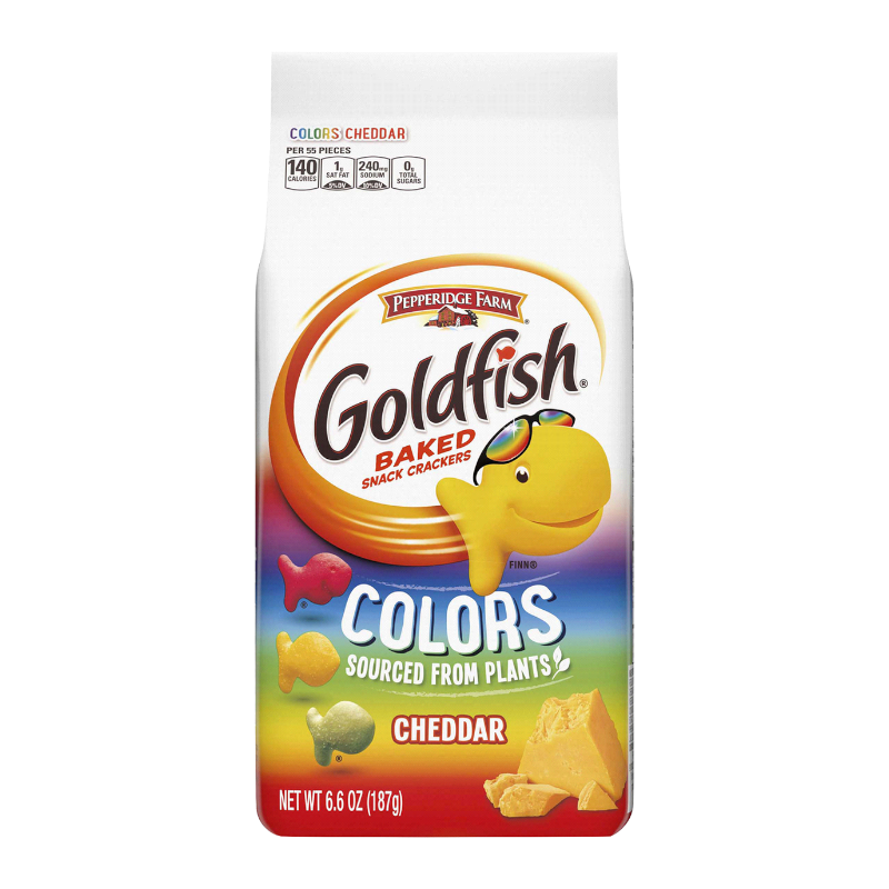 Front of Pepperidge Farm Goldfish Crackers Colours Cheddar Flavour bag showing colourful fish-shaped crackers and cheddar illustration (187g pack)