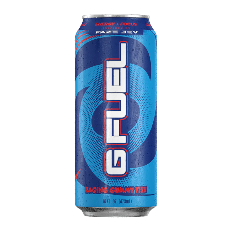 Front of G FUEL FaZe Jev Ragin' Gummy Fish Flavour Energy Drink can showing blue design, logo, and gummy fish flavour details (473ml).