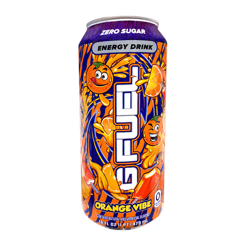 Front of G FUEL Orange Vibe Orange Creamsicle Flavour Energy Drink can showing vibrant orange and purple design with the logo and 473ml size.