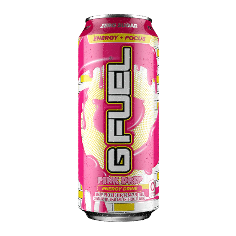 Front of G FUEL Pink Drip energy drink can showing vibrant pink design, flavour name, and pack size (473ml)