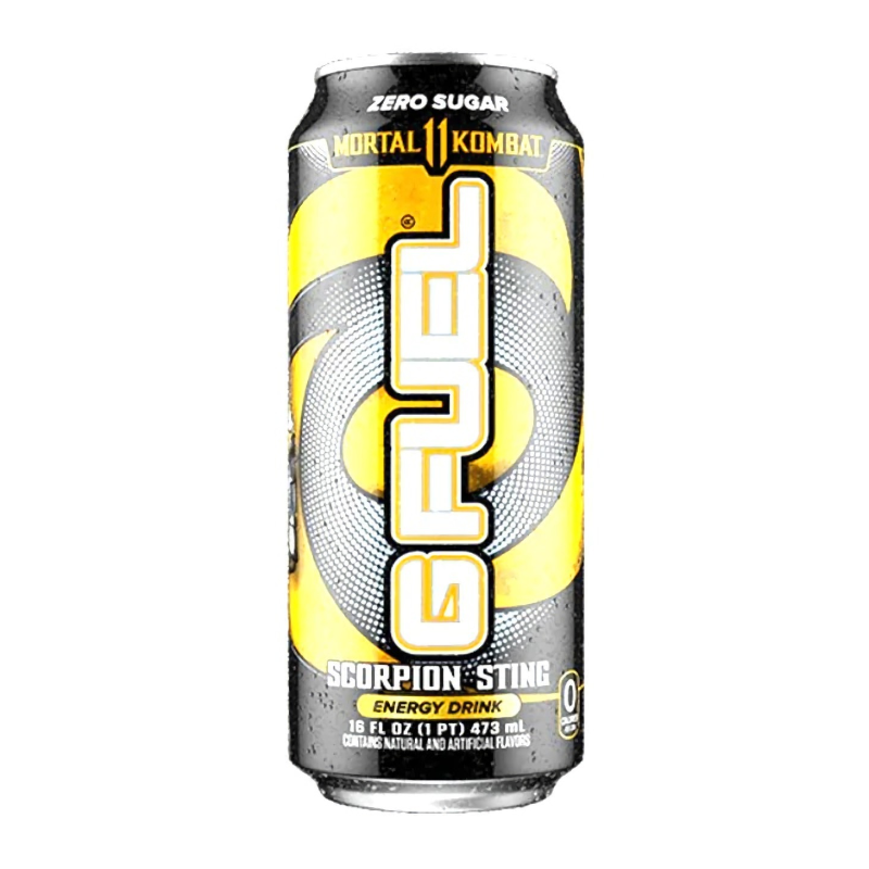 Front of G FUEL Mortal Kombat Scorpion Sting Energy Drink can featuring bold design, spicy mango flavour, and 473ml pack size.