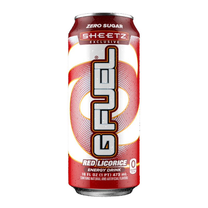 Front of G FUEL Sheetz Red Liquorice Flavour Energy Drink can showing vibrant design, energy drink label, and 473ml volume