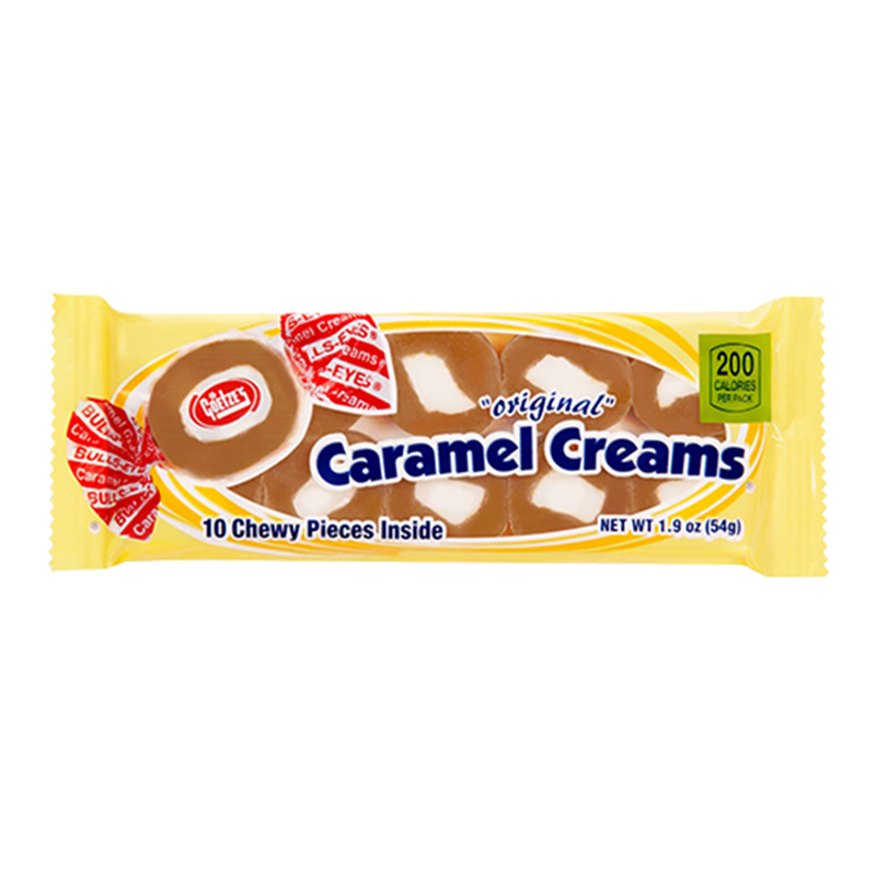 Front of Goetze's Original Caramel Creams tray pack showing the logo, product name, and description of 10 chewy pieces inside (54g pack)