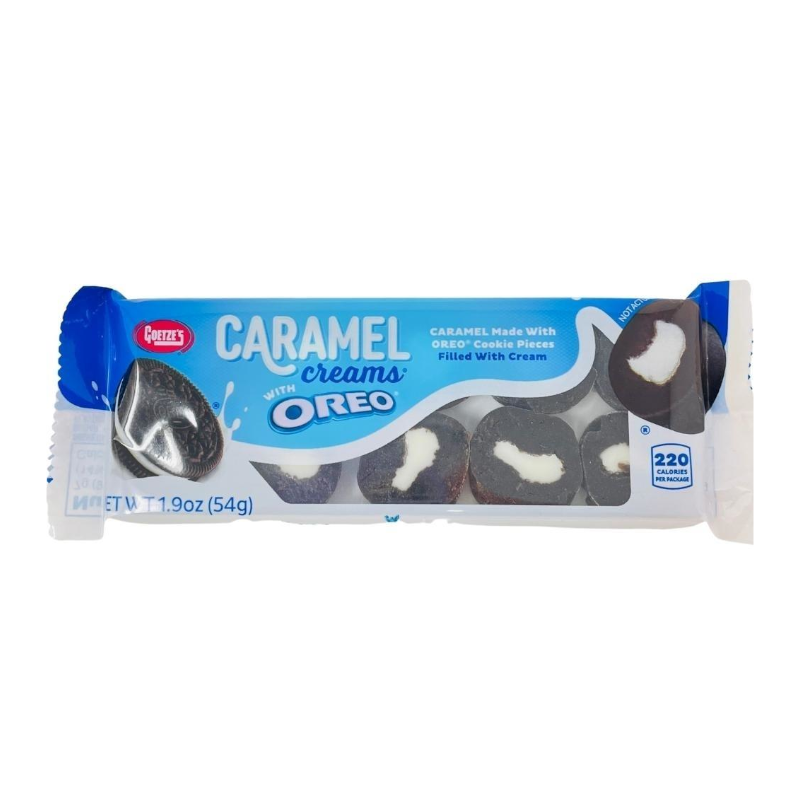 Front of Goetze's Oreo Caramel Creams Tray Pack (54g) showing blue and white packaging with Oreo cookie pieces and caramel design.