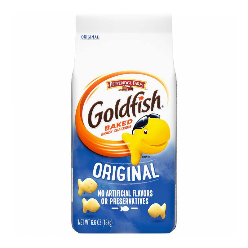 Front of Pepperidge Farm Goldfish Crackers Original bag showing the logo, goldfish character, and 187g pack size.