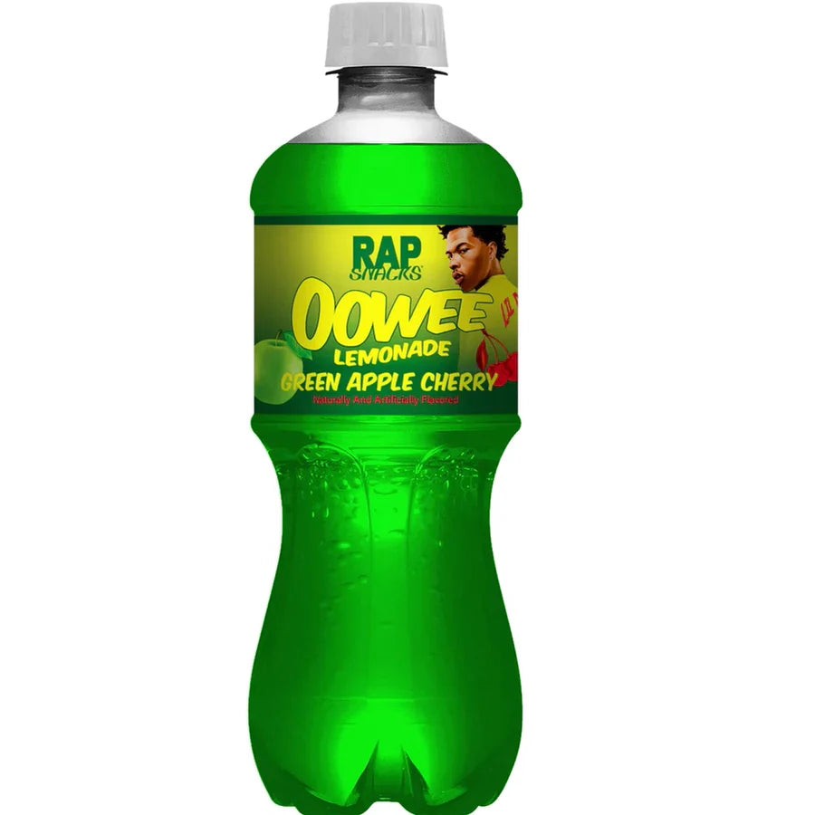 Front of Rap Snacks Lemonade Green Apple Cherry bottle displaying the brand logo, vibrant green beverage, and 591ml label.
