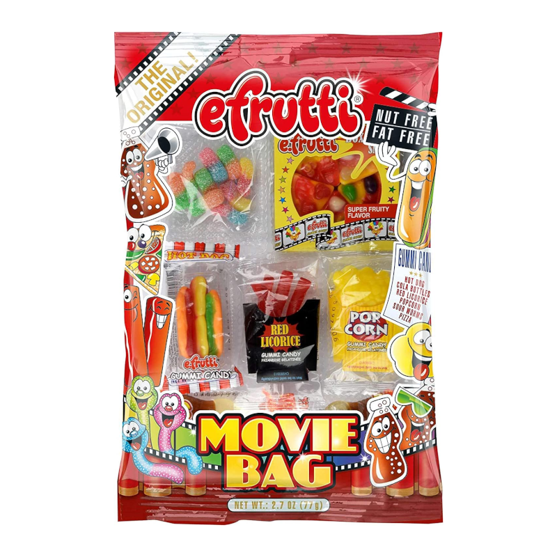 Front of eFrutti Gummi Movie Bag showing bright graphics with assorted gummy candies including popcorn and licorice (77g pack)