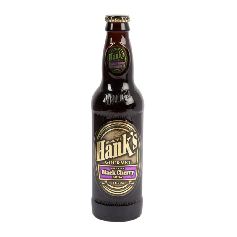 Front of Hank's Gourmet Soda Black Cherry bottle featuring logo, black cherry flavour label, and 355ml size