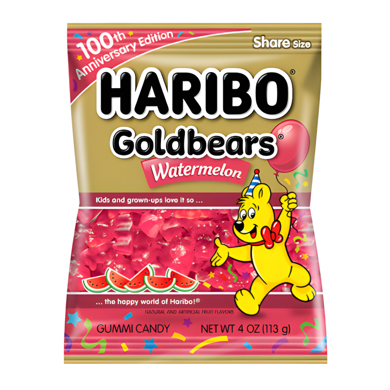 Front of Haribo 100th Anniversary Watermelon Gold Bears bag featuring a festive design, watermelon flavour label, and a playful bear mascot (113g pack)