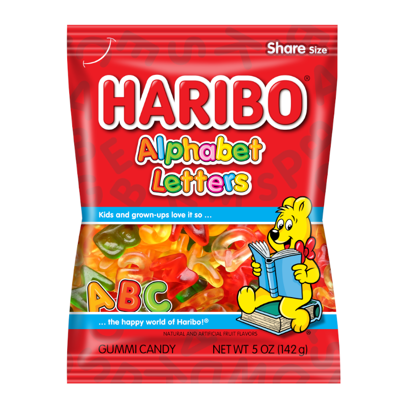 Front of Haribo Alphabet Letters bag showing colourful gummy letters and Haribo logo, with a 142g pack size.