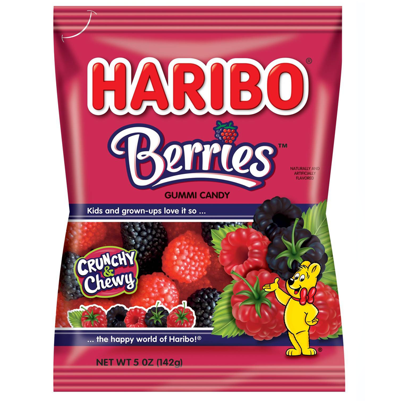 Front of Haribo Berries bag showing vibrant colourful gummy candies, Haribo logo, and 'Crunchy & Chewy' label (142g pack)