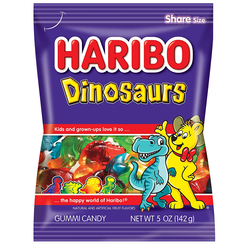 Front of Haribo Dinosaurs bag showing vibrant logo, colourful dinosaur shapes, and 142g pack size