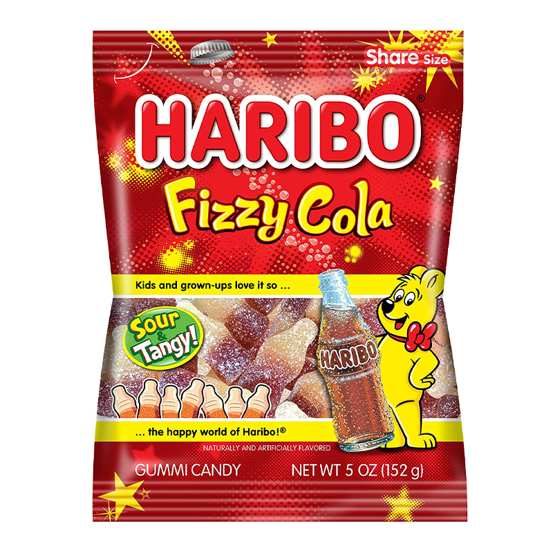 Front of Haribo Fizzy Cola Bottles bag showing red design, fizzy cola bottle shapes, and 142g pack size.